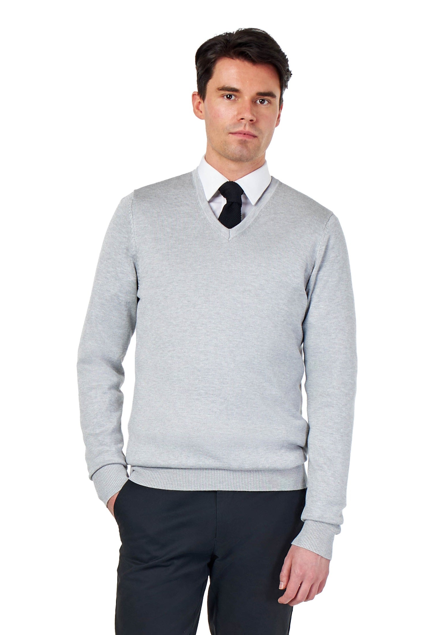 MEN’S COTTON V-NECK LIGHT GREY JUMPER FINE KNIT LIGHTWEIGHT