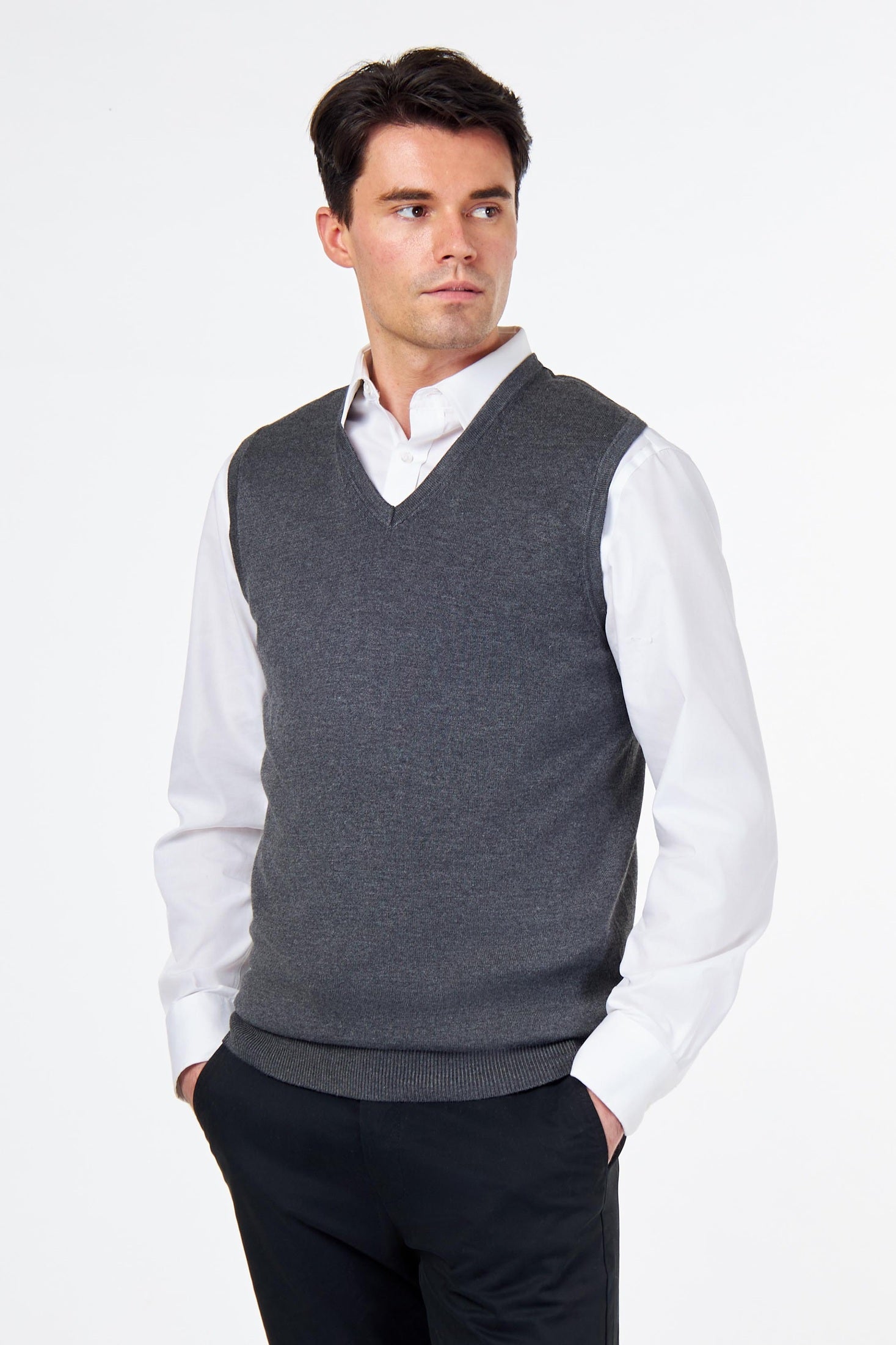 KNITTED COTTON CHARCOAL SLEEVELESS JUMPER V-NECK VEST CAVANI