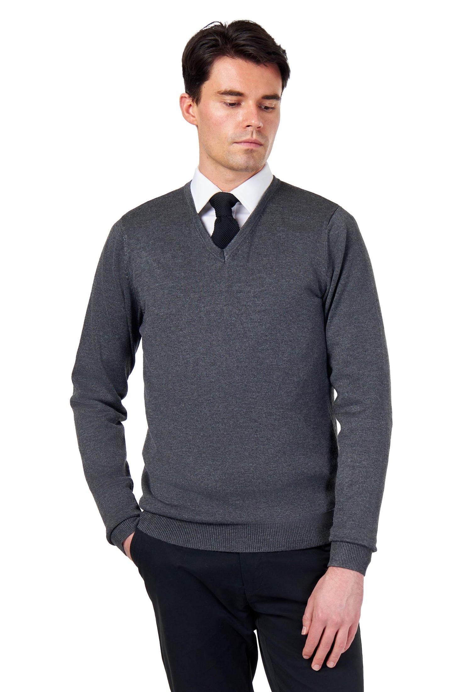 MEN’S COTTON V-NECK CHARCOAL JUMPER FINE KNIT LIGHTWEIGHT