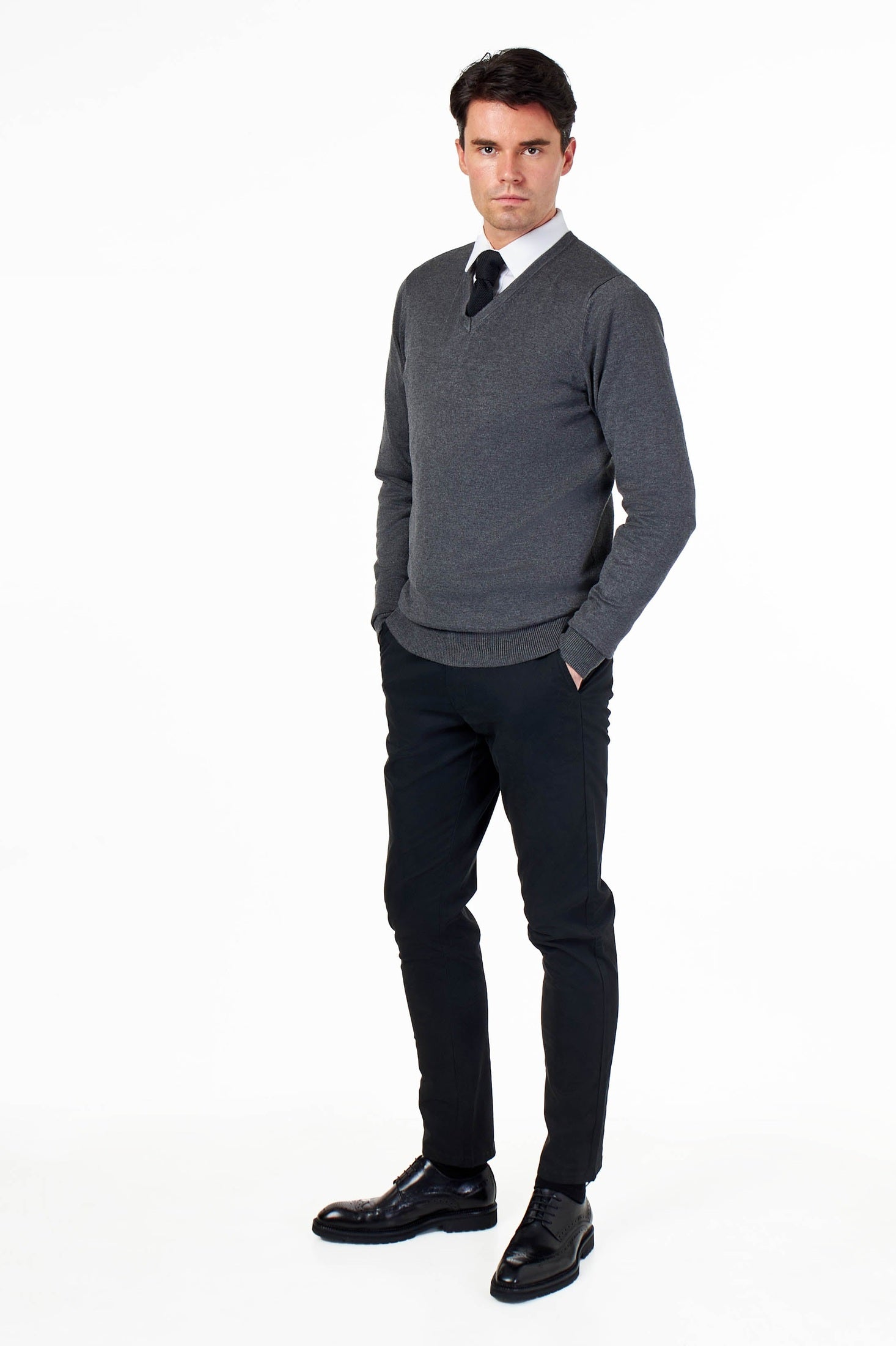 MEN’S COTTON V-NECK CHARCOAL JUMPER FINE KNIT LIGHTWEIGHT