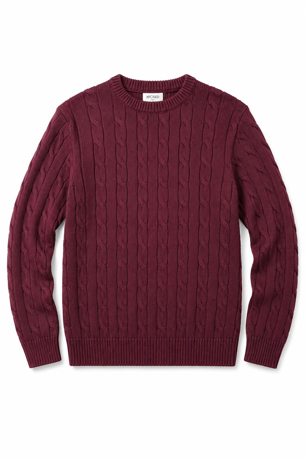 Men's Maroon 100% Cotton Fine Cable Knit Crew Neck Jumper CAVANI