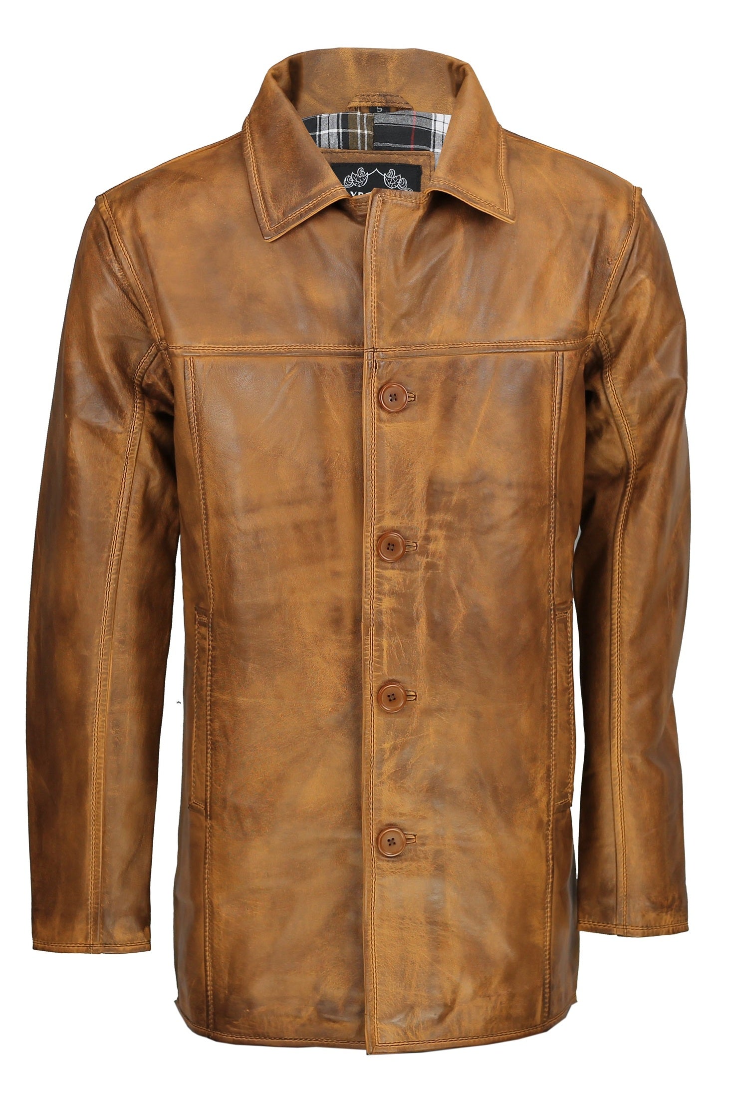 Mens Real Genuine Leather Tan Brown Vintage 4 Button Classic Reefer Jacket Coat
