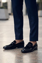 Men's Black Floral Velvet Patent Dress Loafers Sartorial Shoes