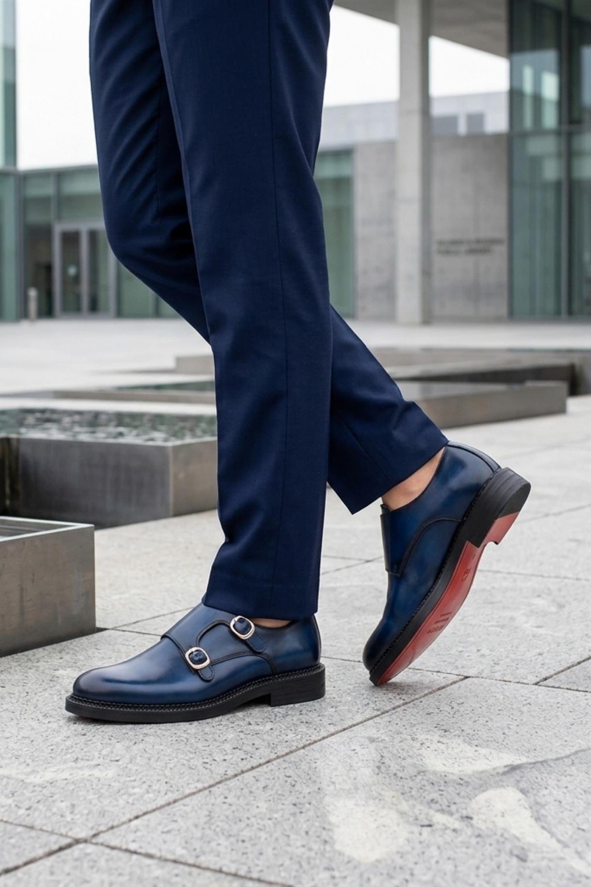 ROWE Men’s Blue Burnished Real Leather Double Monk Strap Shoes Sartorial Shoes