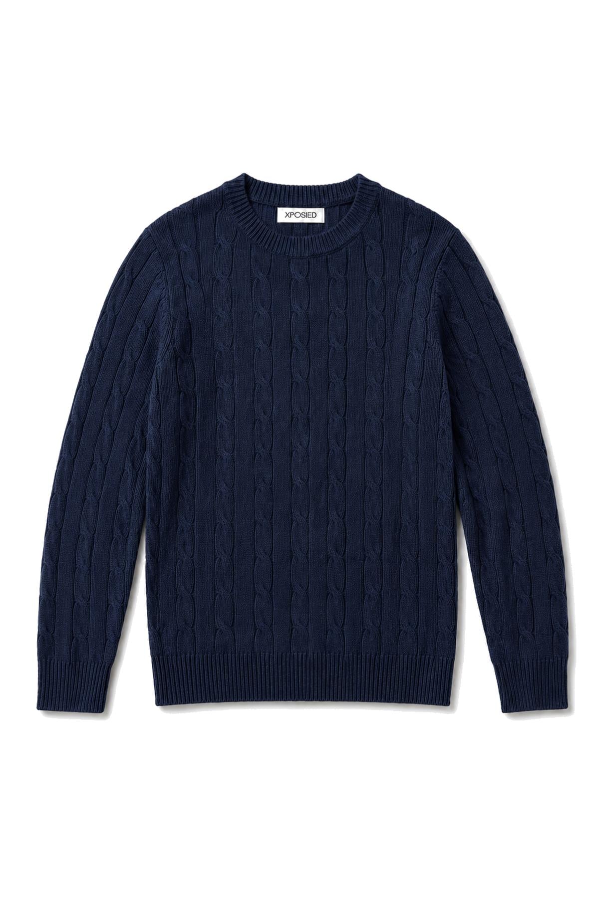 Men's Navy 100% Cotton Fine Cable Knit Crew Neck Jumper CAVANI