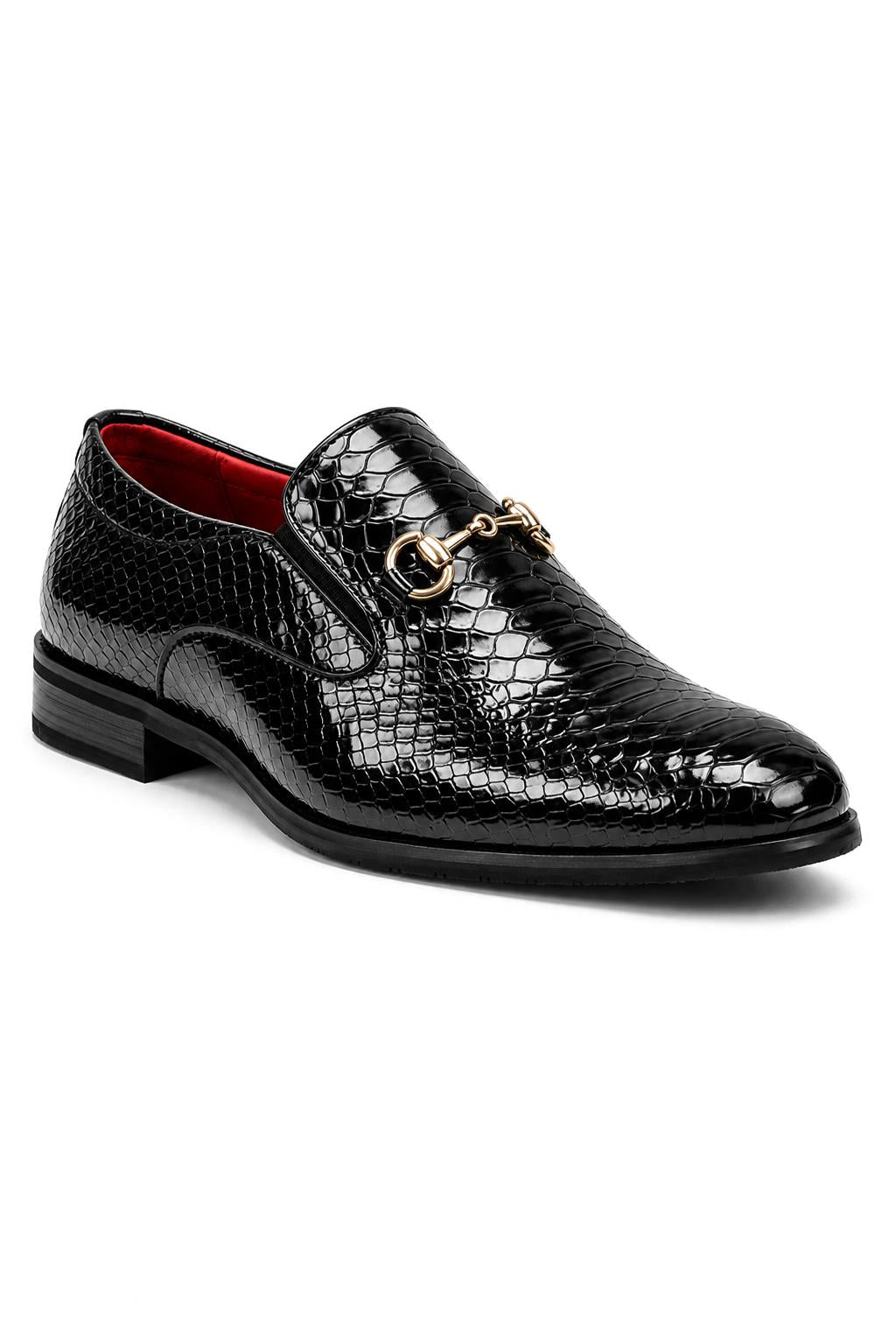 Men’s Black Patent Slip-On Loafers with Gold Snaffle Buckle Sartorial Shoes