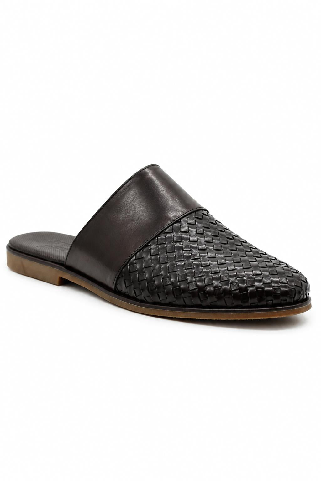 FINO Men’s Coffee Brown Woven Leather Mule Slippers Sartorial Shoes