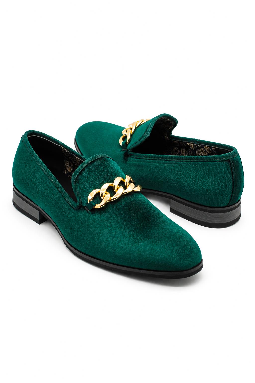 Men's Green Smooth Velvet Gold Chain Dress Loafers Sartorial Shoes