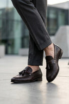 DIVO Men’s Brown Handmade Woven Leather Tassel Loafers Sartorial Shoes