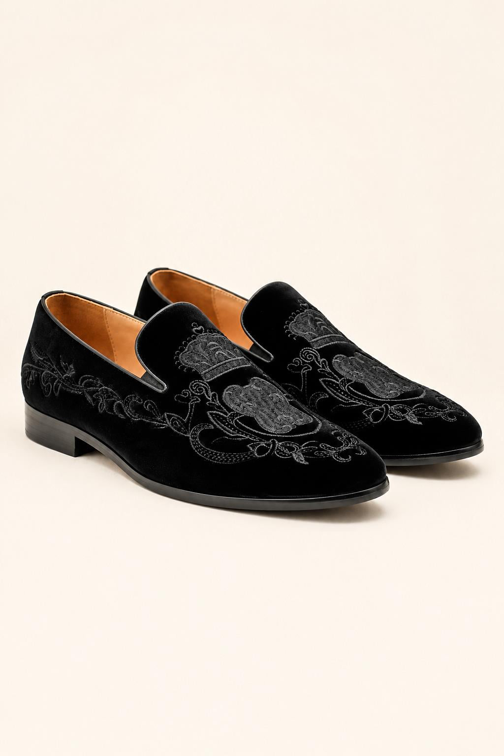 FRED Men’s Black Embroidered Velvet Party Loafers Sartorial Shoes