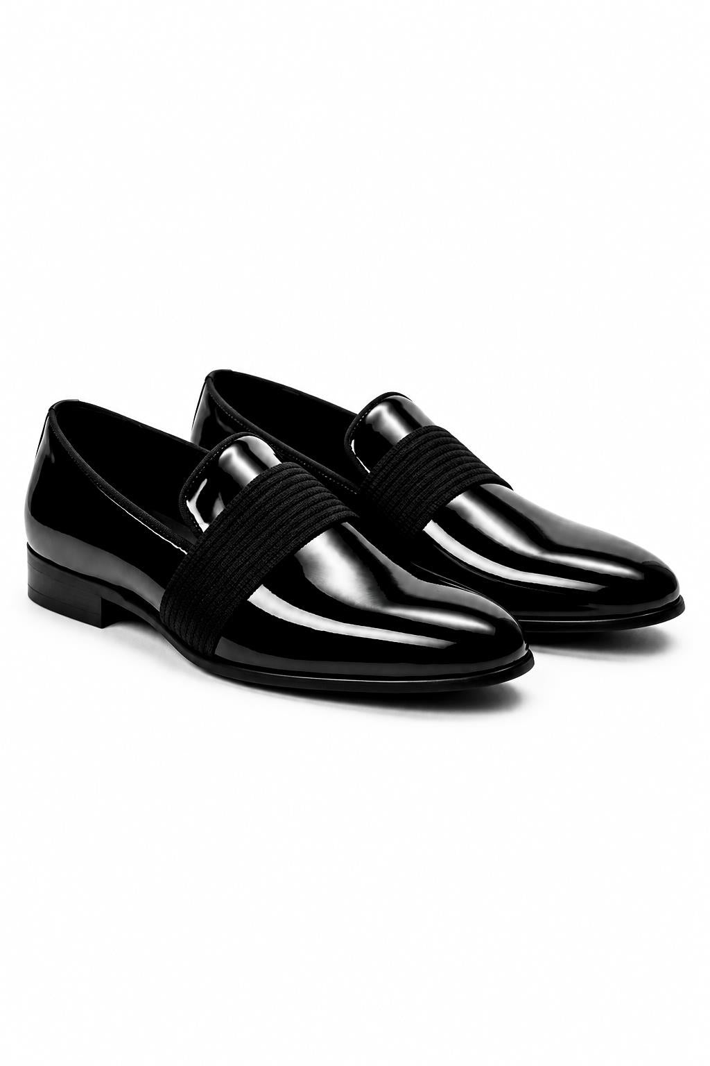 MIRO 3 Men’s Black Hi-Shine Patent Leather Slip-On Tuxedo Loafers Sartorial Shoes