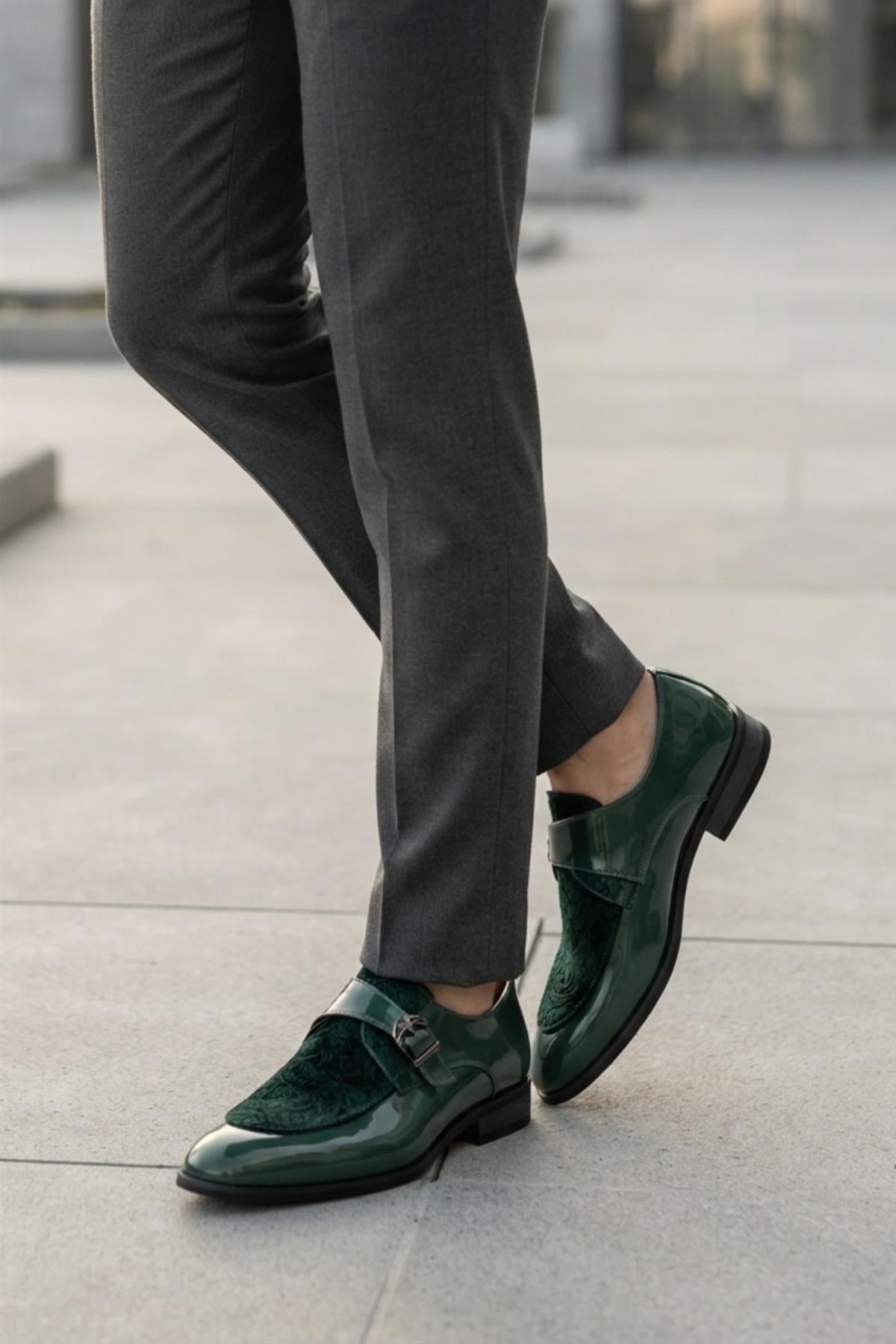 Men's Green Floral Velvet Monk Strap Dress Shoes