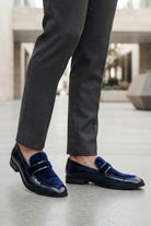 Men's Navy Floral Velvet Patent Dress Loafers Sartorial Shoes