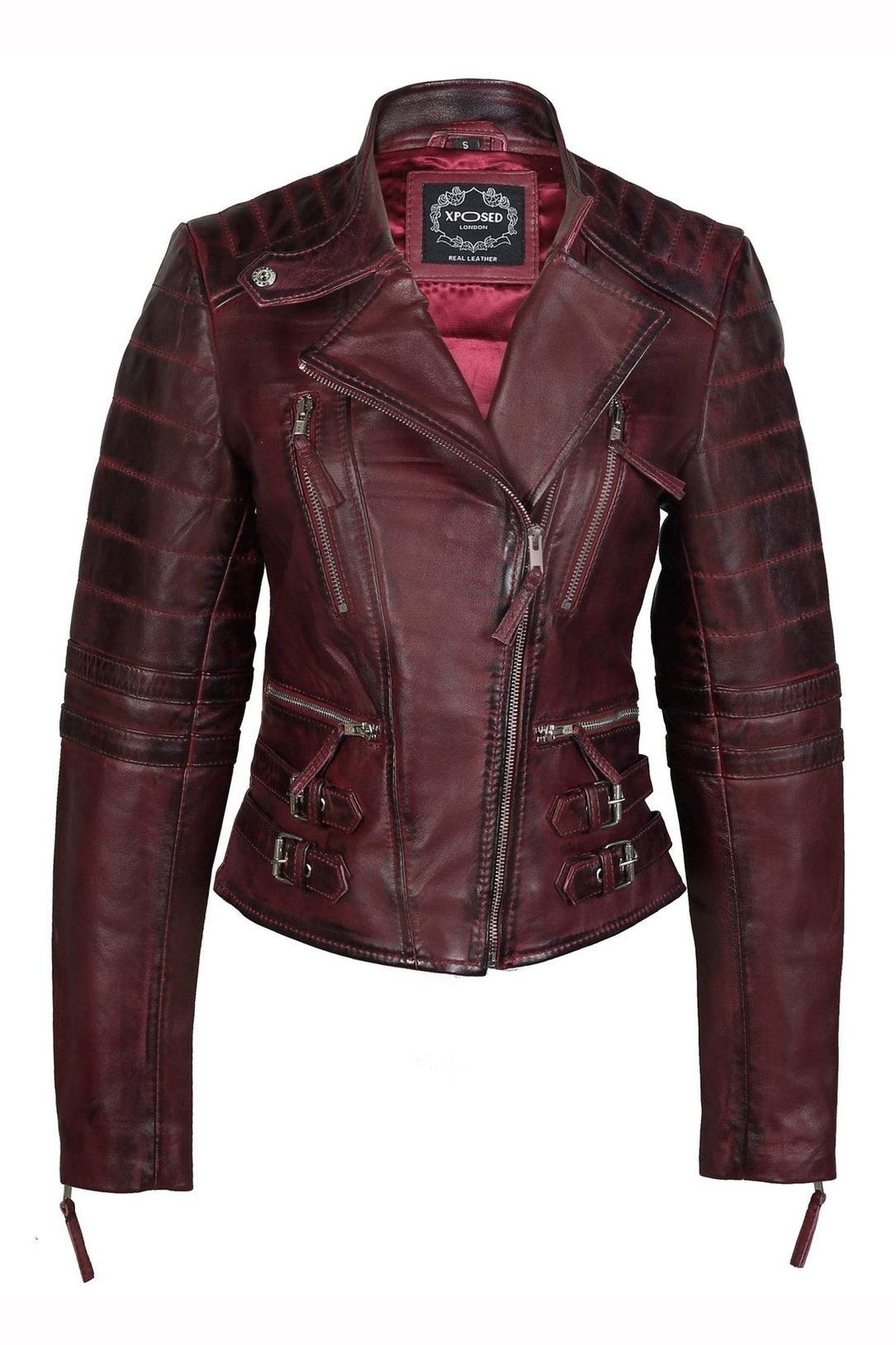 Ladies Real Leather Biker Jacket Slim Fit in Wine