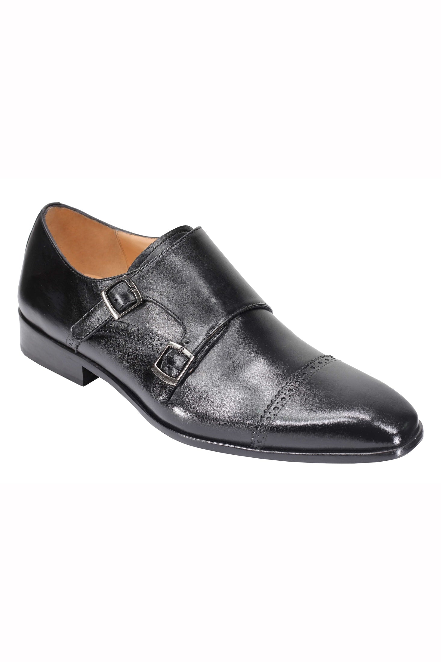 BLACK CALF LEATHER SEMI BROGUE MONK SHOES