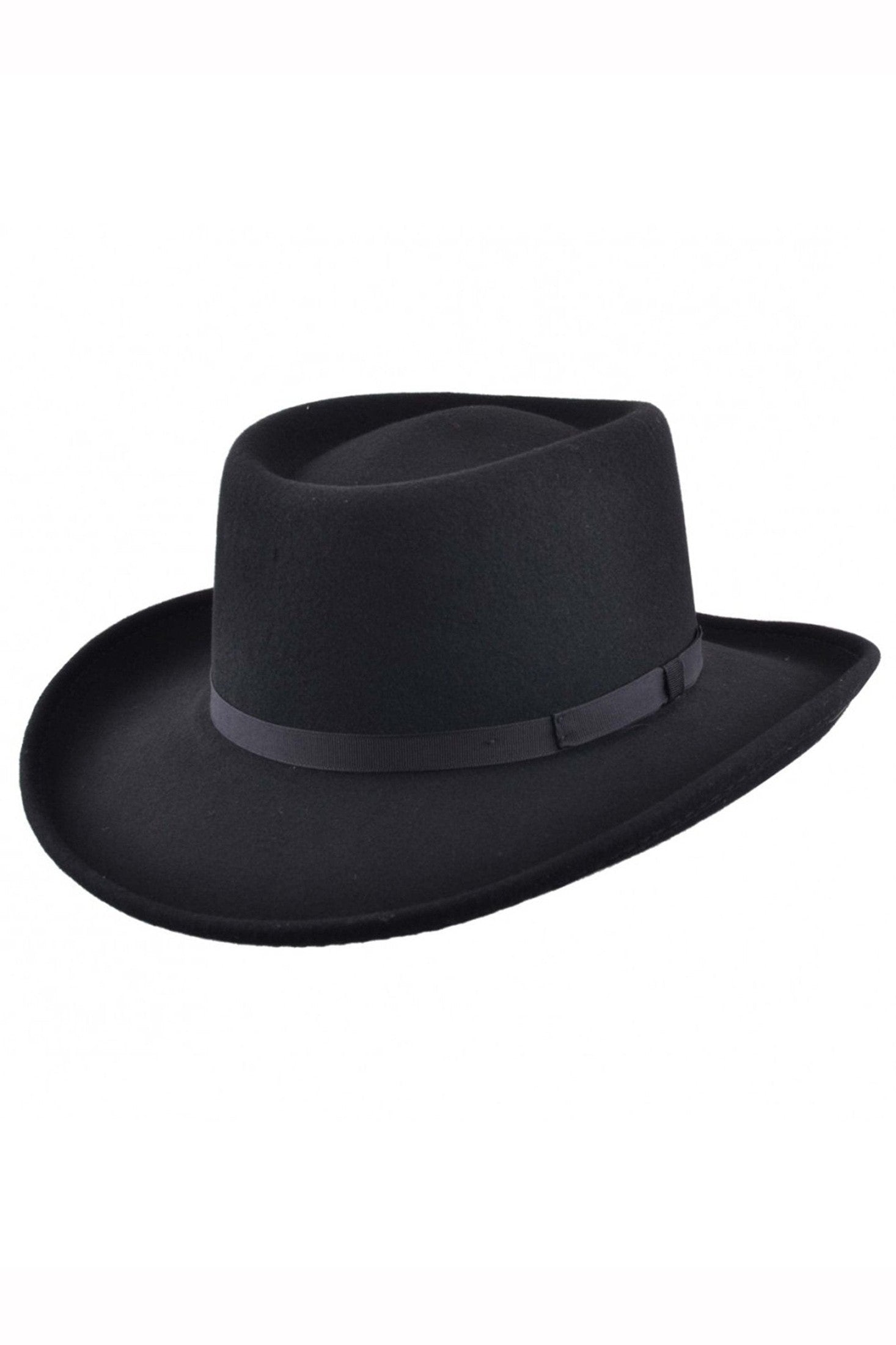Mens Black Vintage 100% Wool Felt Crushable Gambler Cowboy Hat Curved Wide Brim