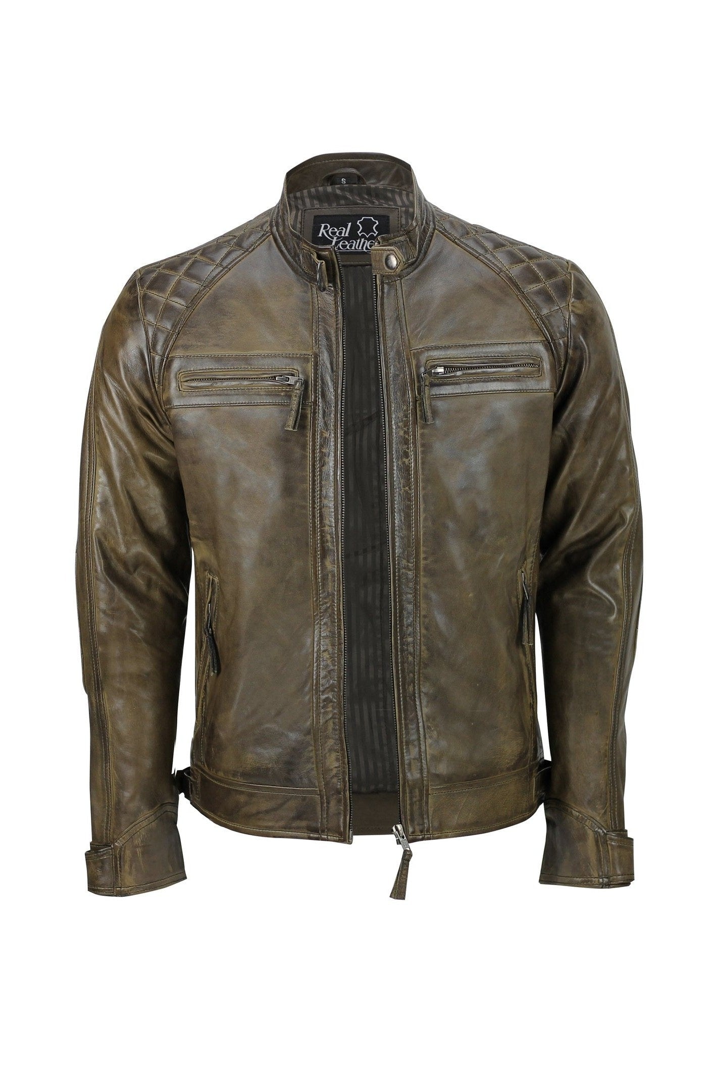 Mens Real Soft Leather Antique Brown Vintage Zipped Smart Casual Biker Jacket