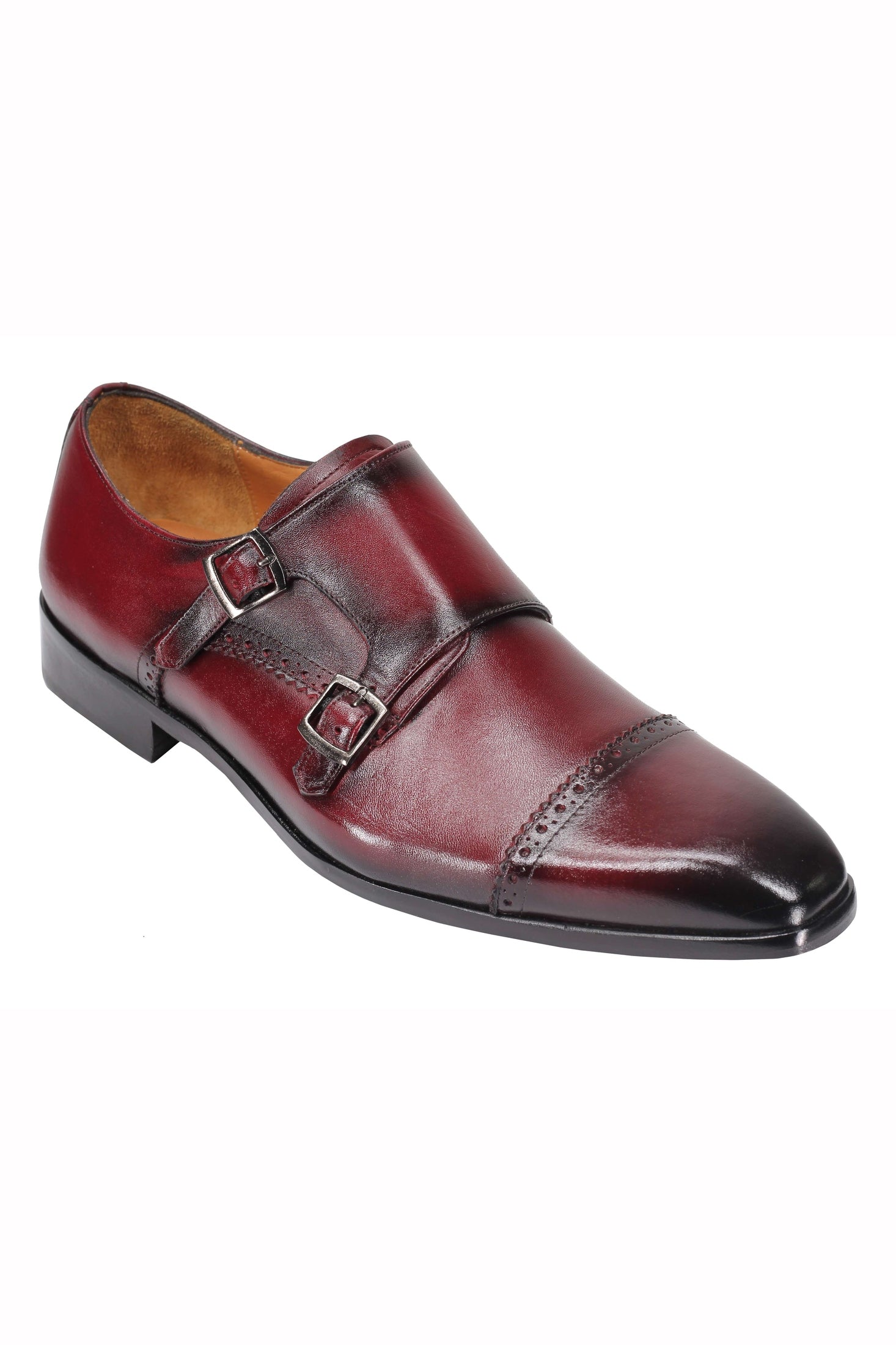 MAROON CALF LEATHER SEMI BROGUE MONK SHOES