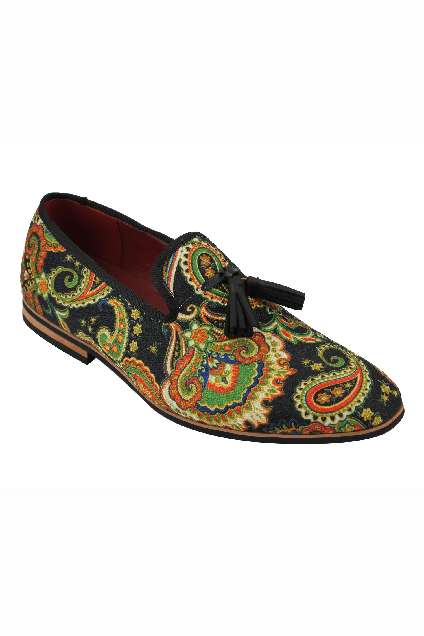 MENS LEATHER TASSEL LOAFER VINTAGE DESIGNER STYLE PAISLEY PRINT SHOES BLACK BLUE
