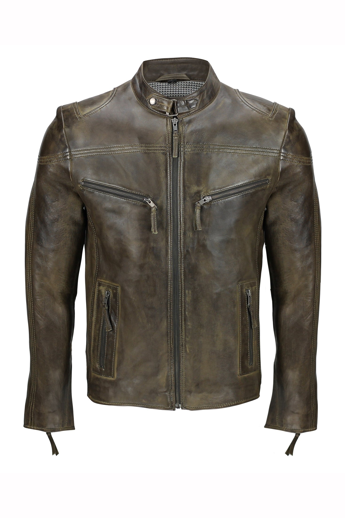 Mens Vintage Real Leather Brown Biker Style Zipped Pockets Casual Fitted Jacket