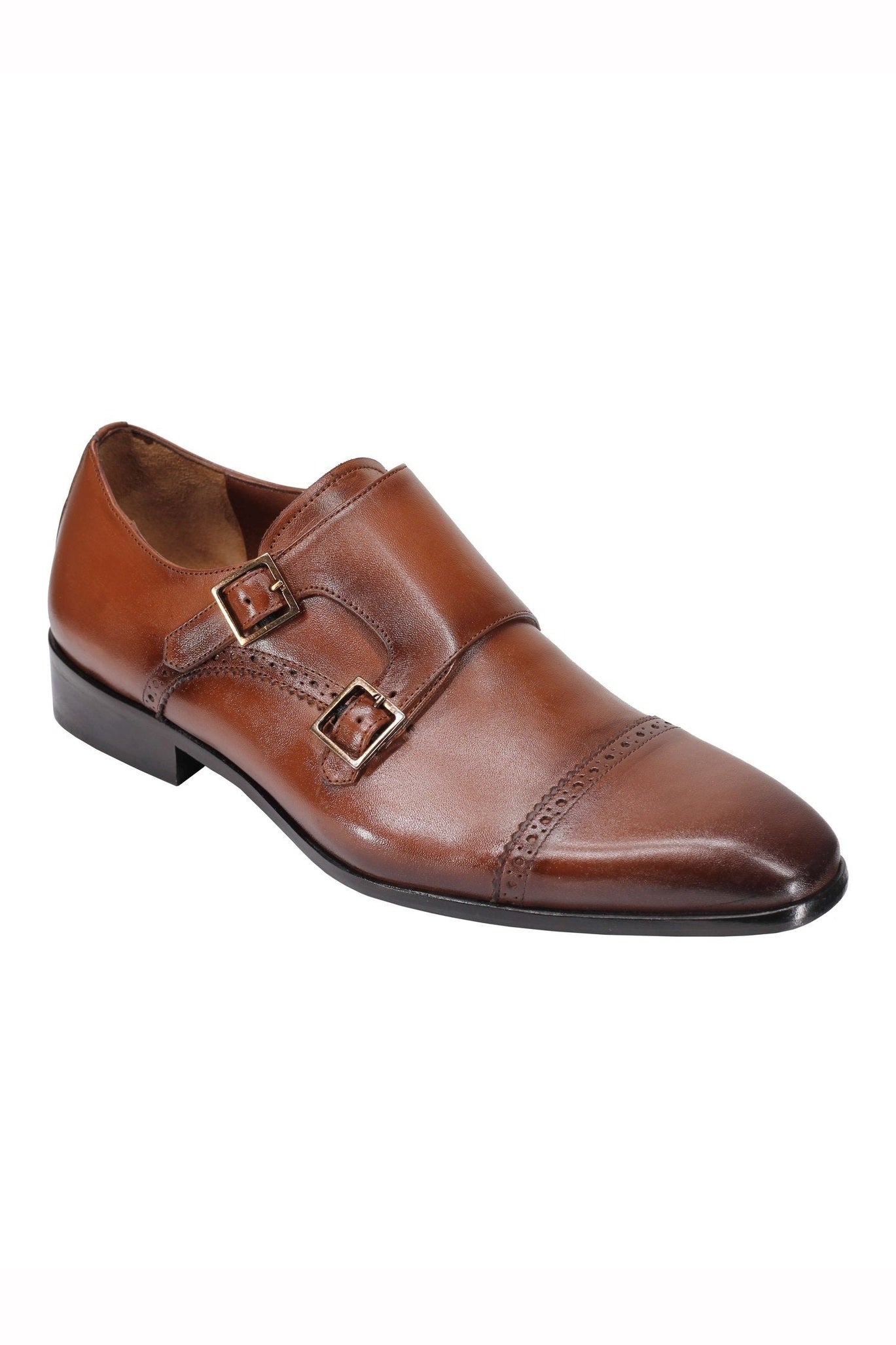 BROWN CALF LEATHER SEMI BROGUE MONK SHOES