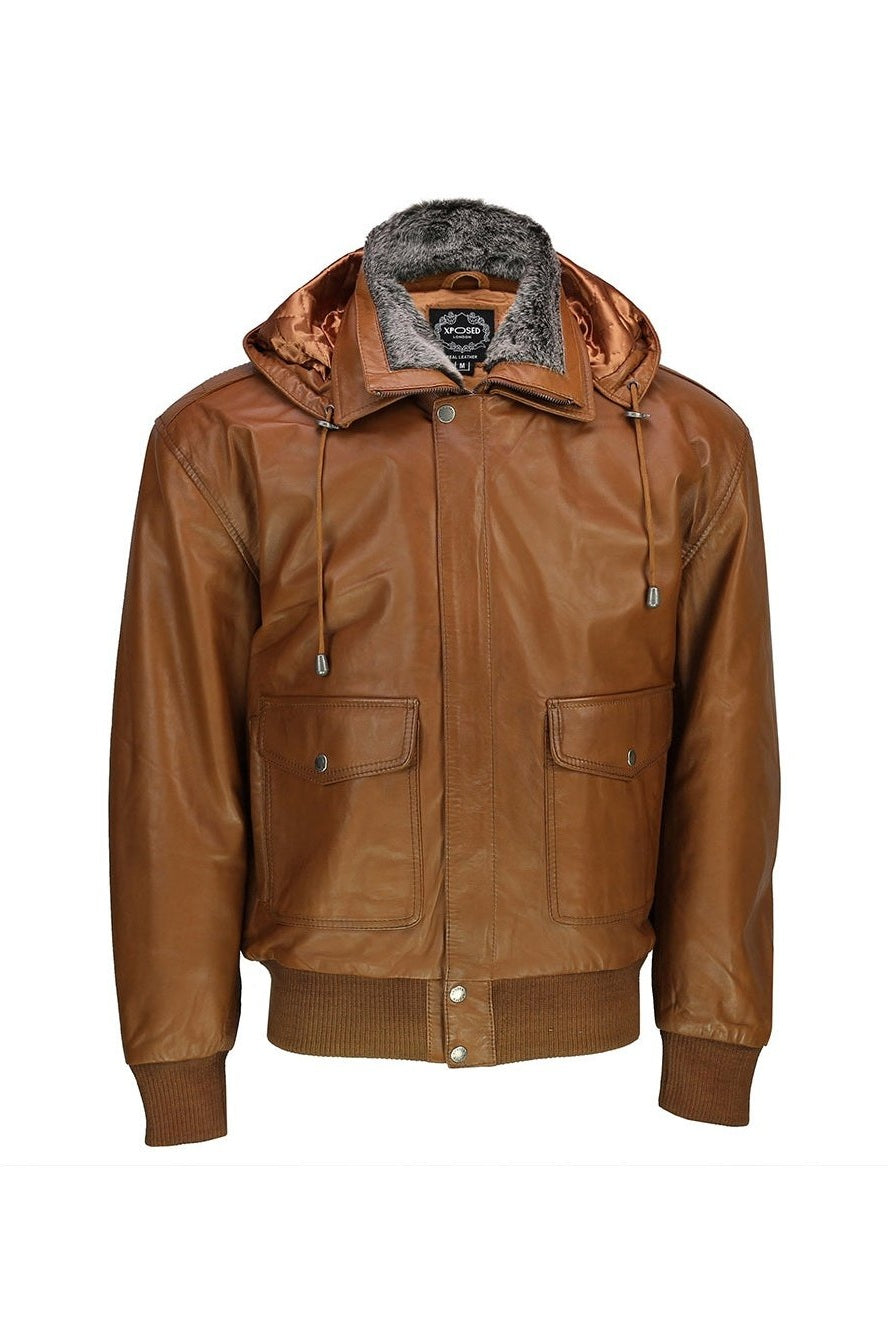 BOMBER FUR COLLAR LEATHER JACKET WITH HOOD IN TIMBER