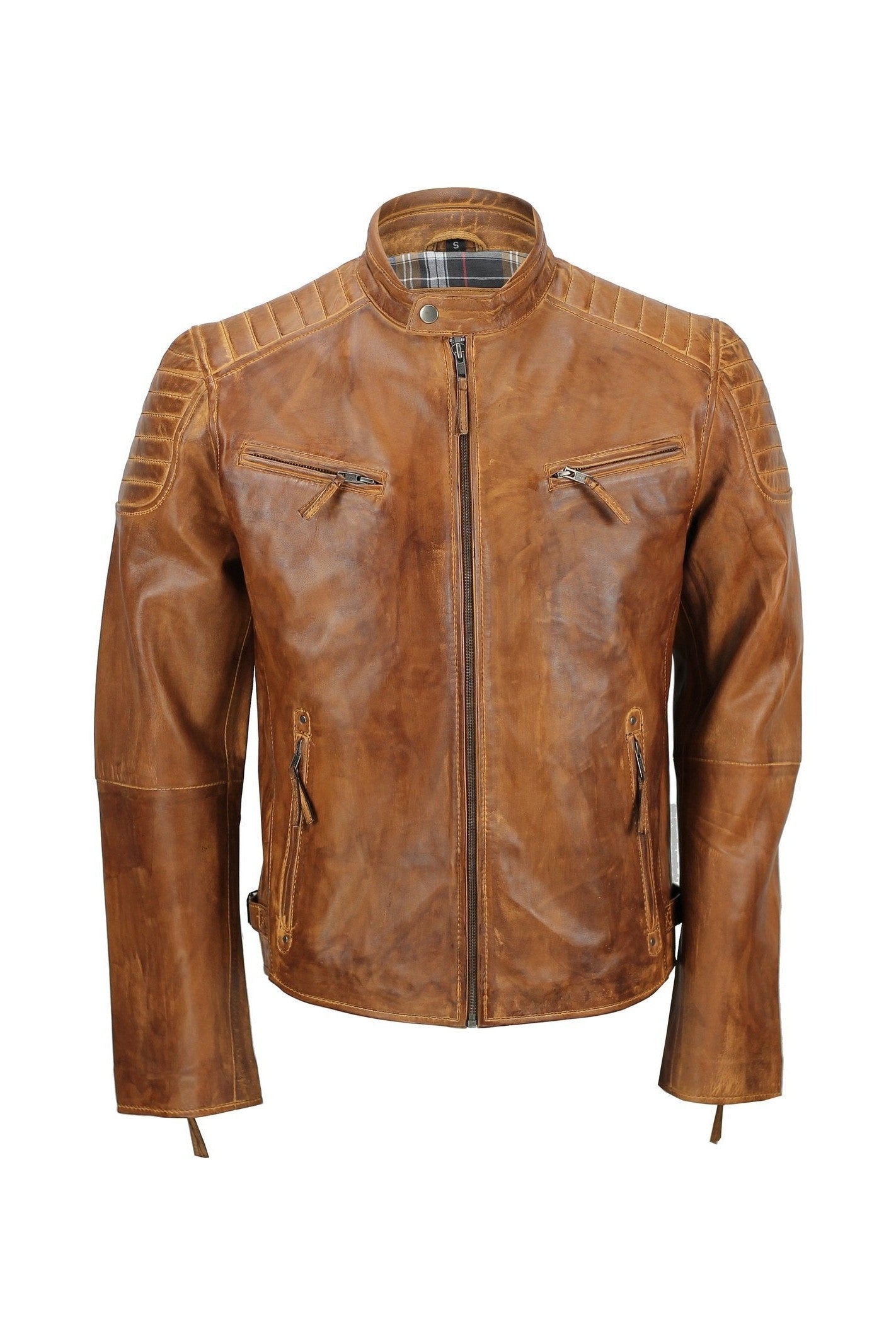 Mens Real Leather Slim Fit Antique Washed Tan Brown Retro Zip Biker Jacket