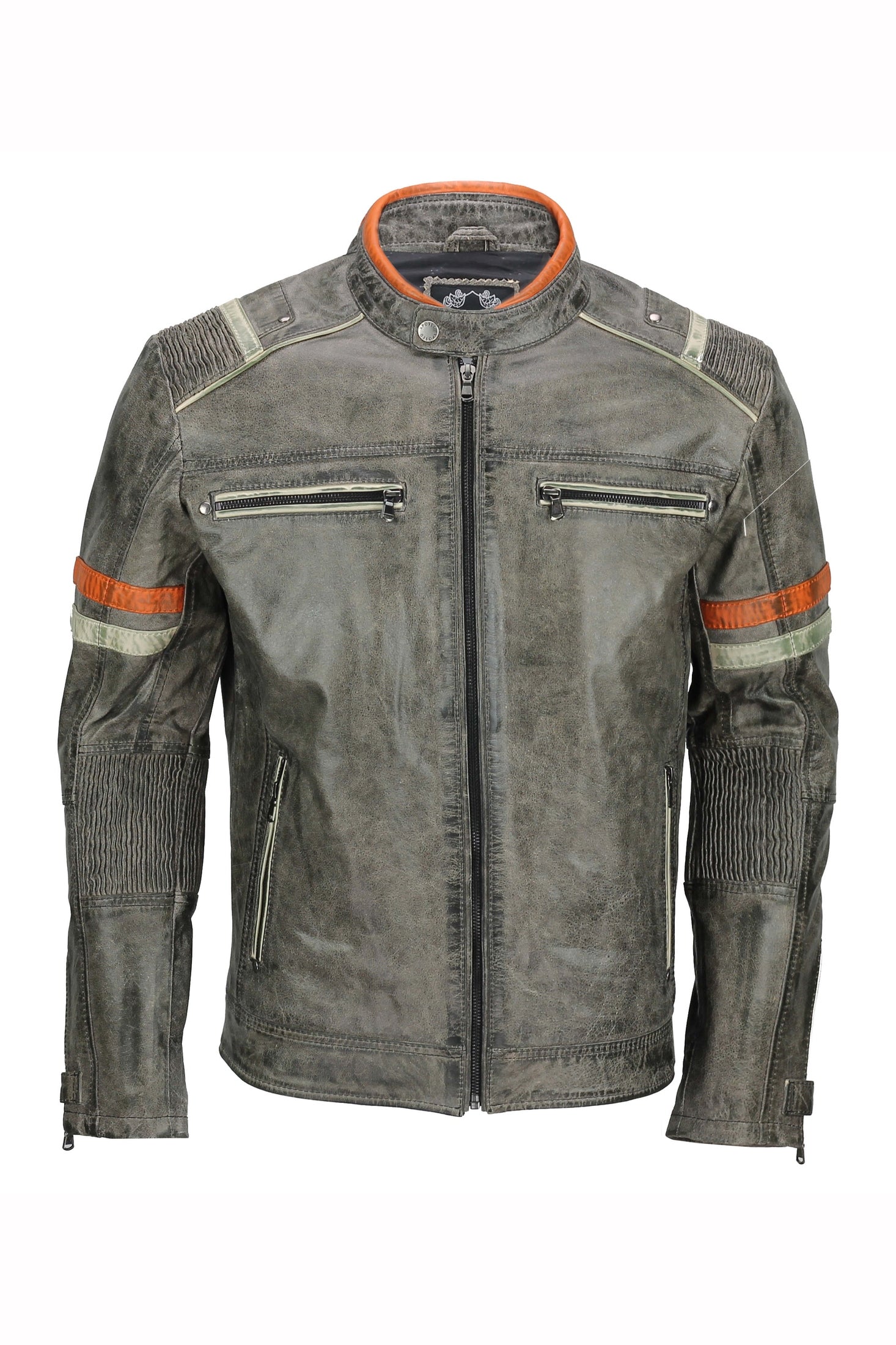 Men’s Real Leather Biker Jacket Vintage Grey Distressed Retro Motorcycle Style
