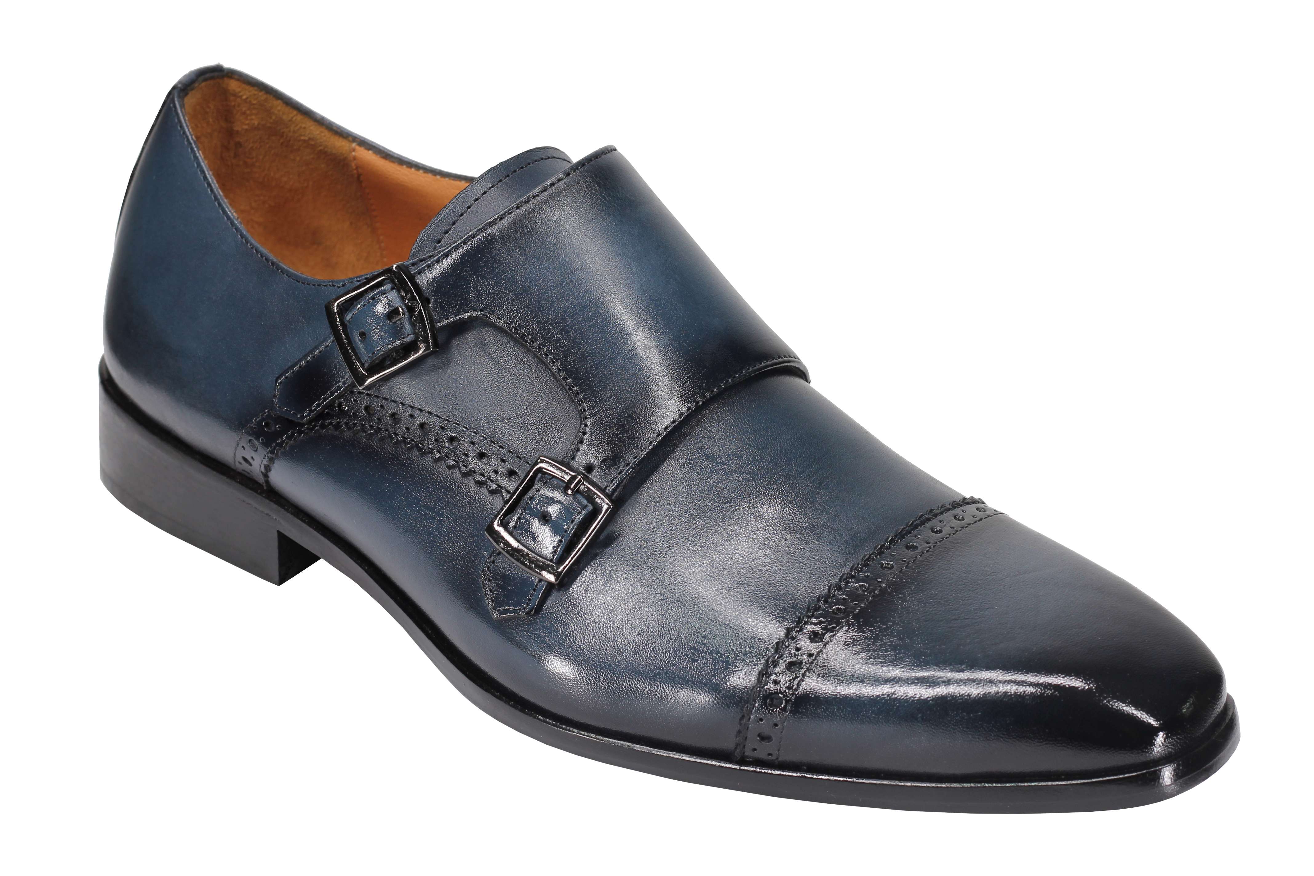 BLUE CALF LEATHER SEMI BROGUE MONK SHOES