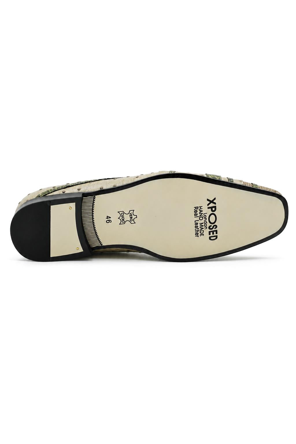 Men’s Cream & Green Snake-Effect Real Leather Loafers Sartorial Shoes