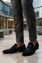 FRED Men’s Black Embroidered Velvet Party Loafers Sartorial Shoes