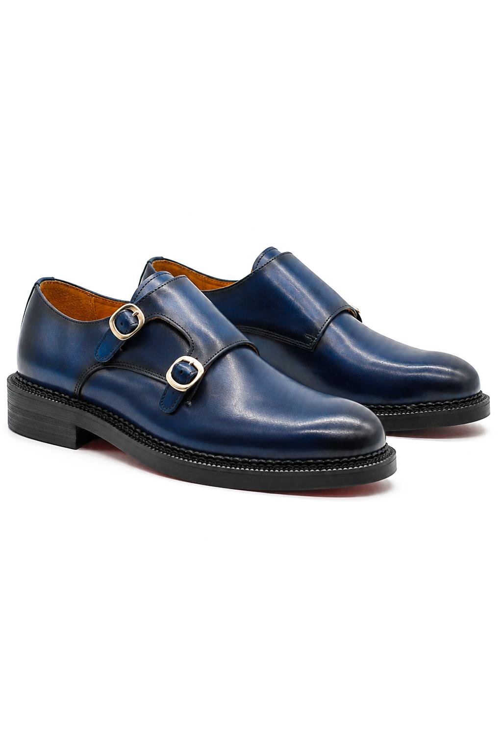 ROWE Men’s Blue Burnished Real Leather Double Monk Strap Shoes Sartorial Shoes
