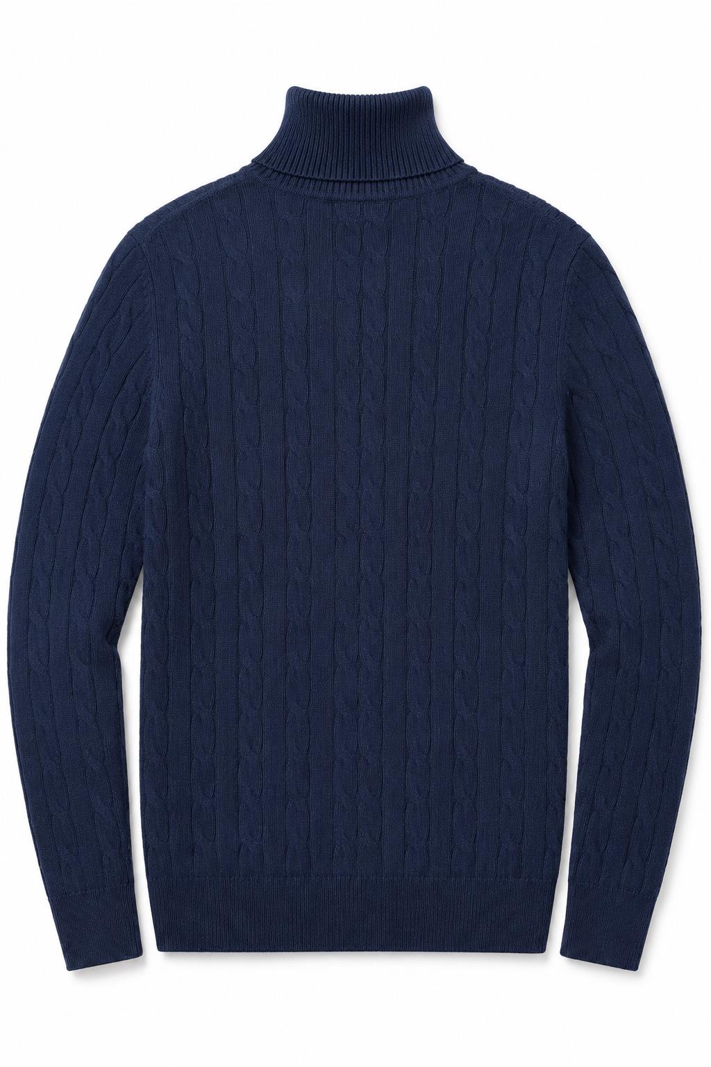Men's Navy 100% Cotton Fine Cable Knit Roll Neck Jumper CAVANI