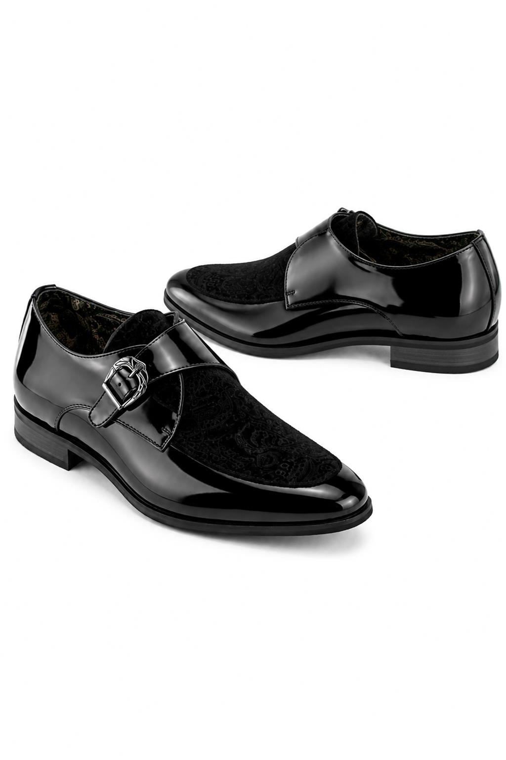 Men's Black Floral Velvet Monk Strap Dress Shoes Sartorial Shoes