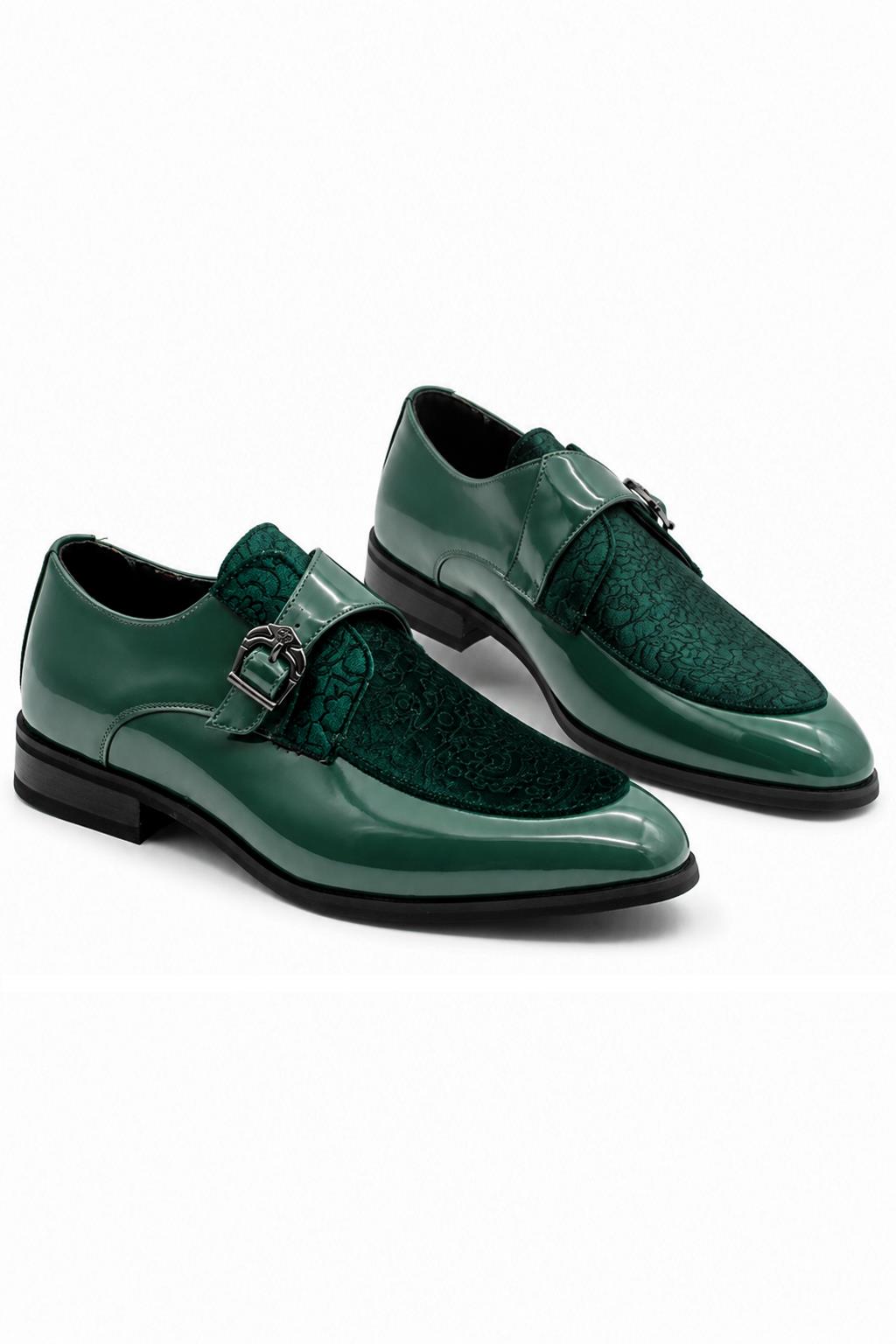 Men's Green Floral Velvet Monk Strap Dress Shoes