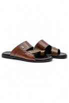 Men's Brown Handmade Real Leather Polished Printed Toe Loop Sandals Sartorial Shoes