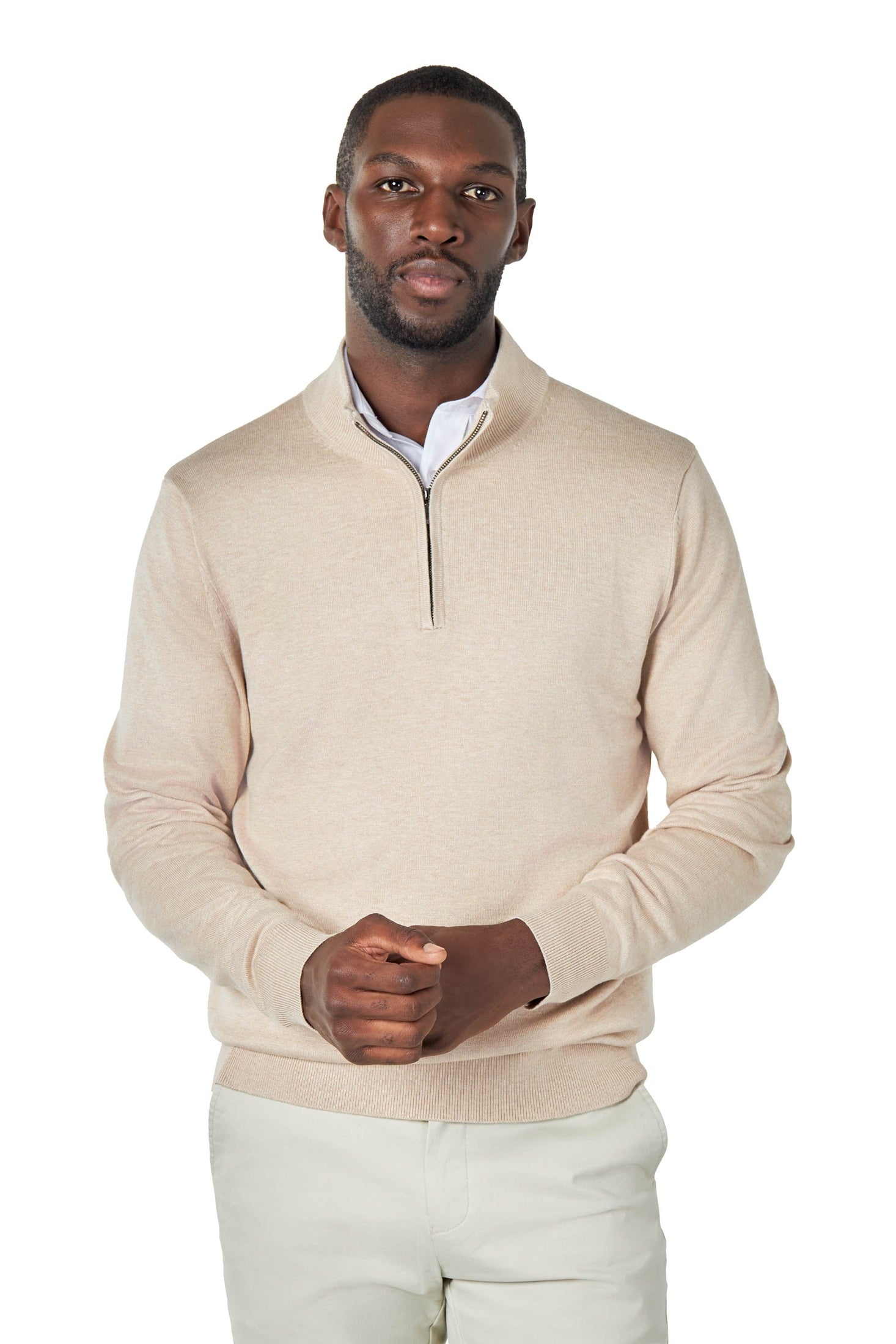 BEIGE 100% COTTON KNIT ZIP NECK JUMPER