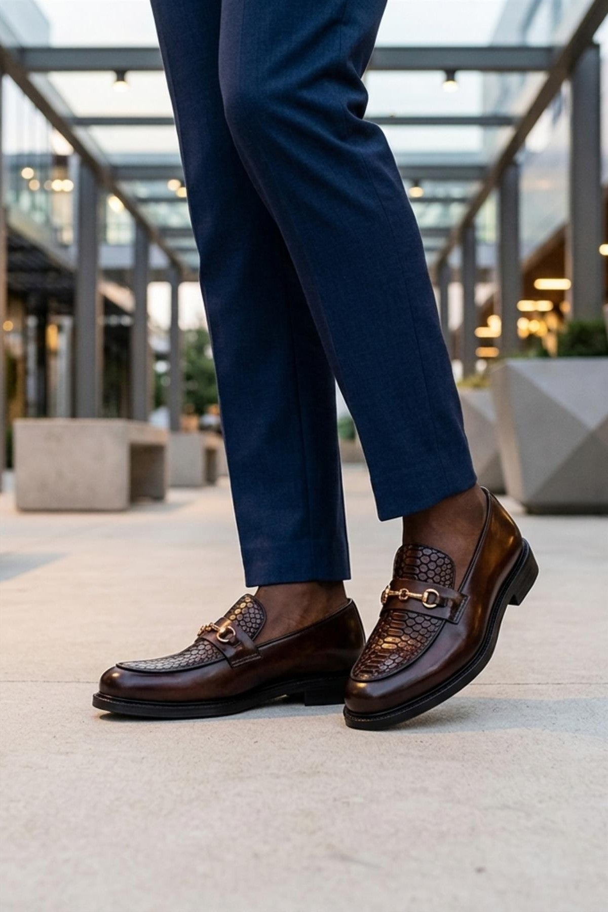 ASCOT Men’s Brown Snake-Effect Leather Snaffle Loafers Sartorial Shoes