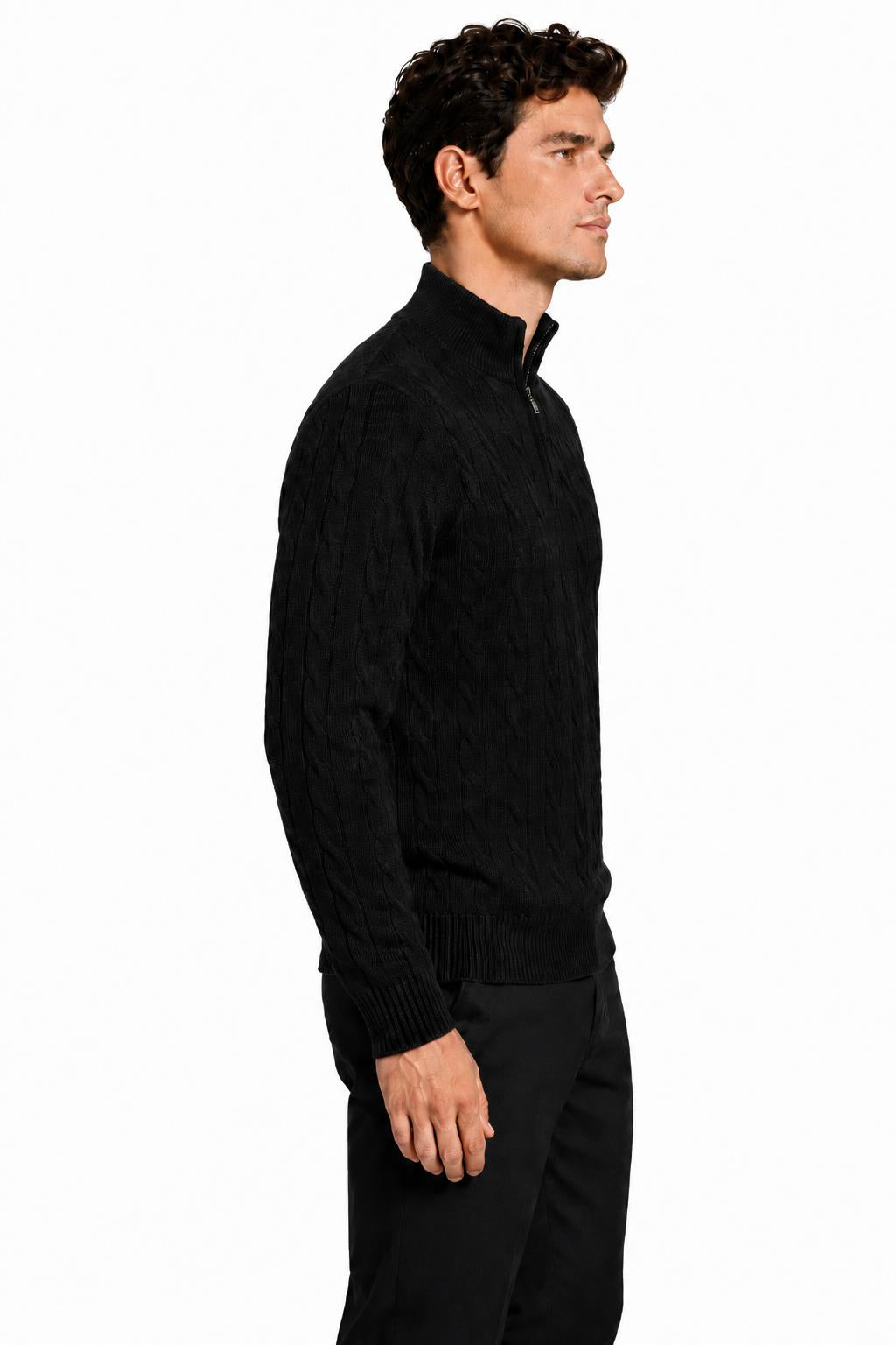 Men's Black 100% Cotton Fine Cable Knit Quarter Zip Neck Jumper CAVANI