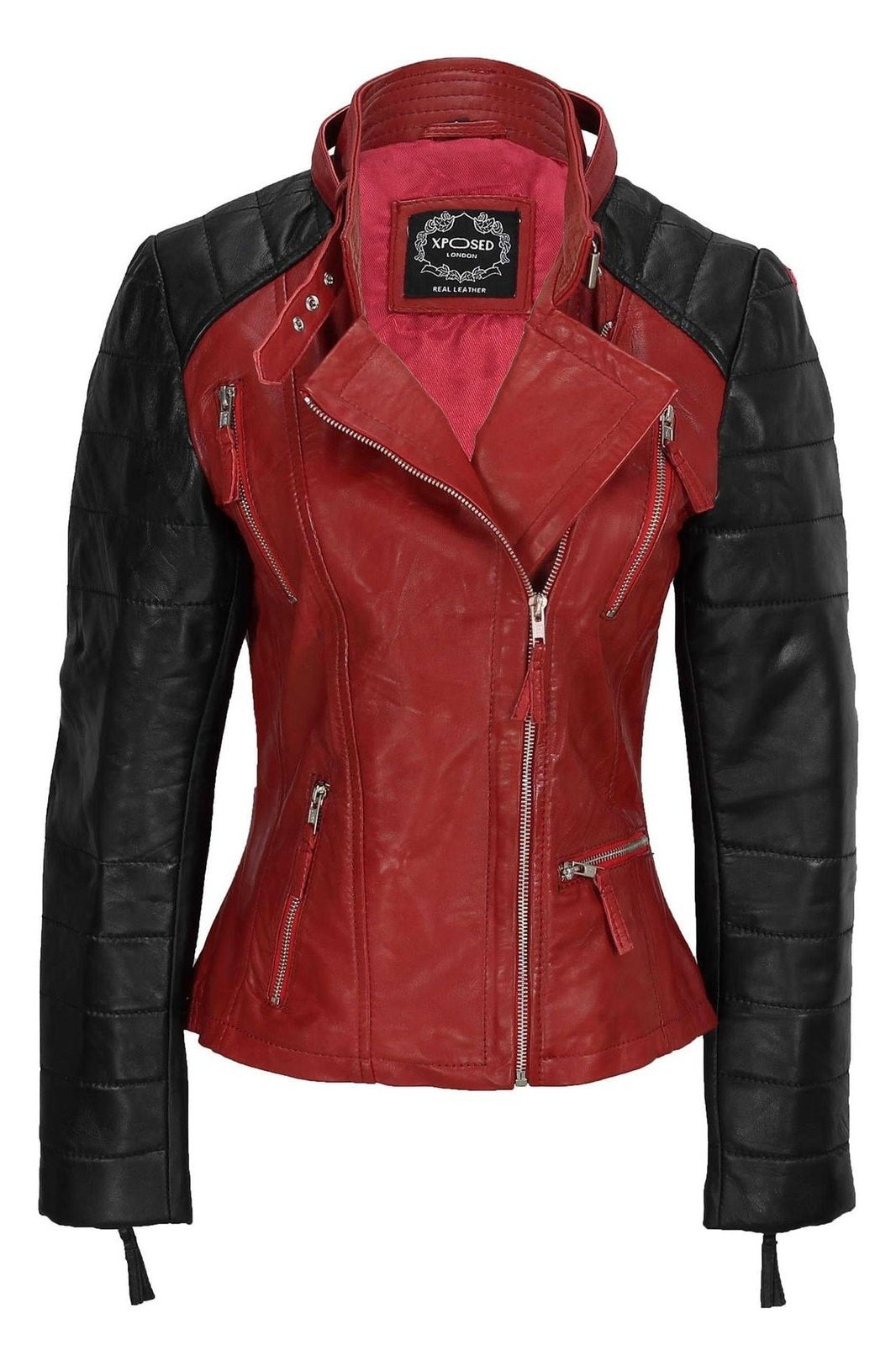 New Ladies Black Red Vintage Soft Genuine Real Leather Biker Jacket Size Fitted