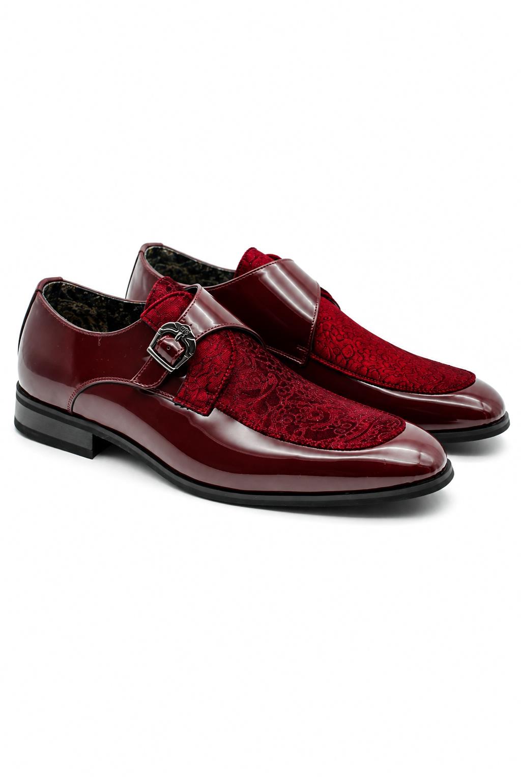 Men's Maroon Floral Velvet Monk Strap Dress Shoes Sartorial Shoes