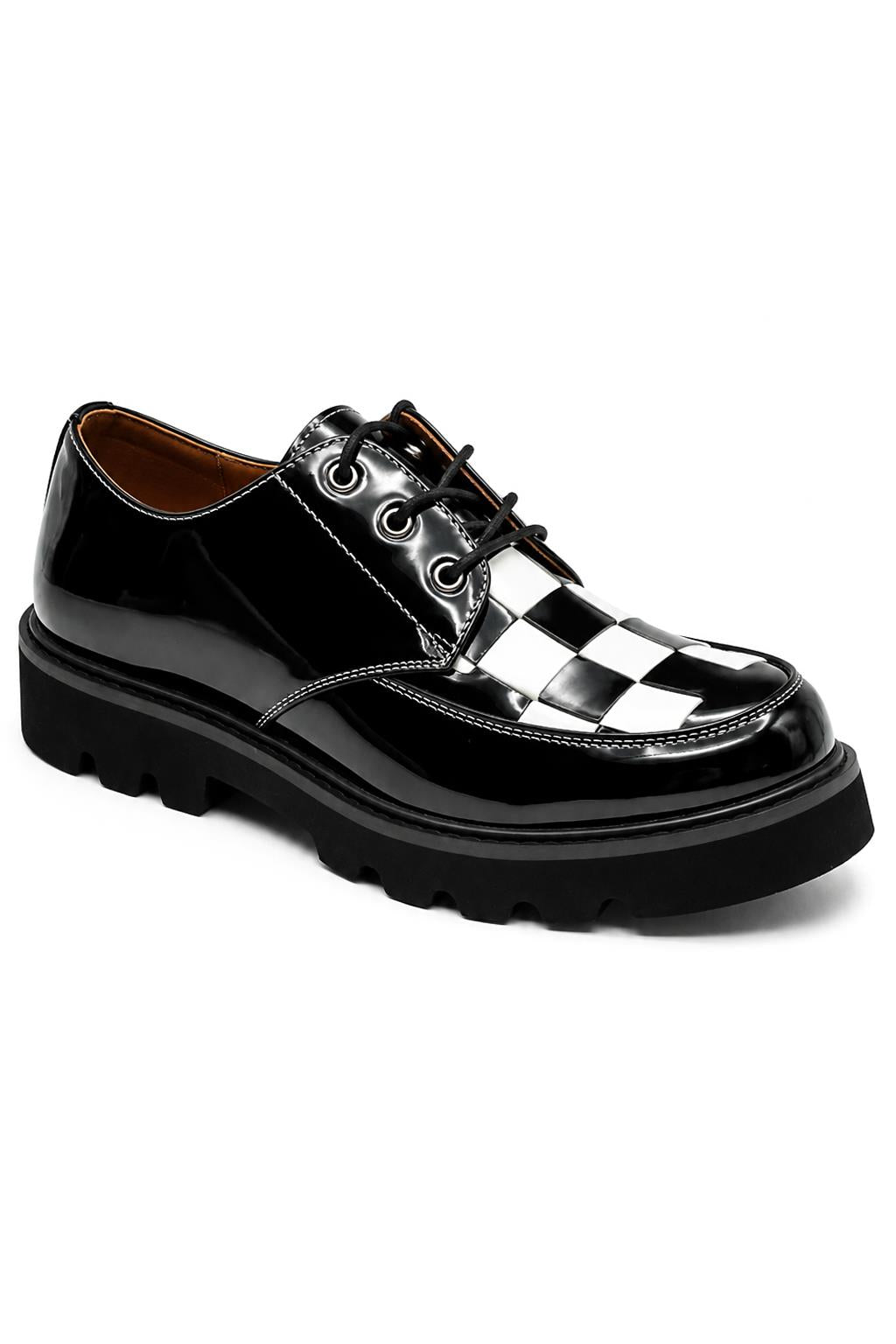 Men's Shiny Patent Black & White Mod-Style Chunky Derby Shoes Sartorial Shoes