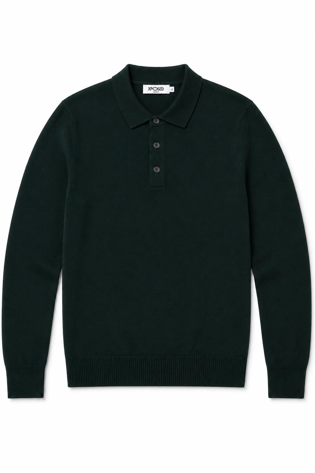 Men's Green 100% Cotton Fine Knit Button Neck Polo Jumper CAVANI