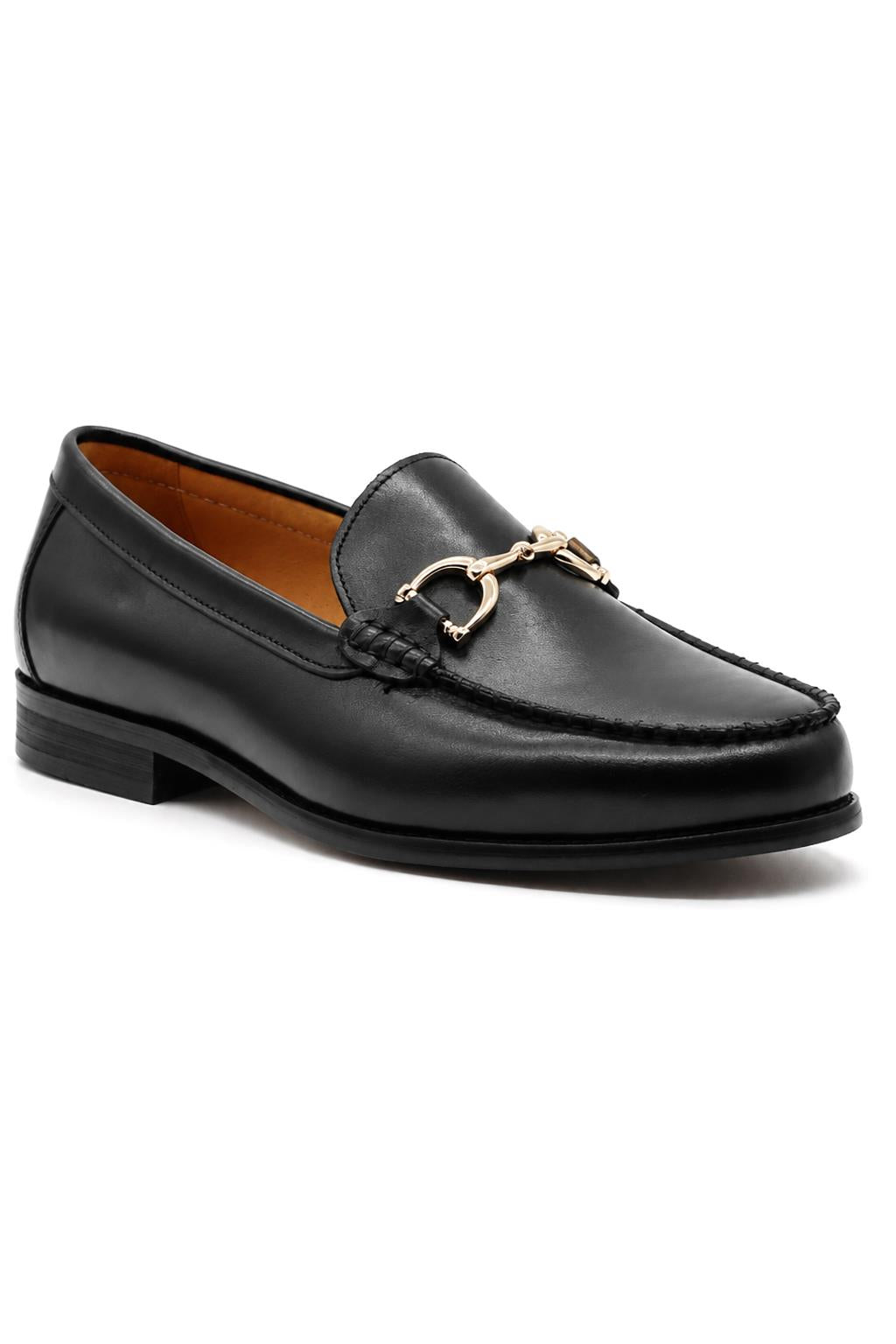 ARLO Men’s Black Polished Leather Gold Buckle Dress Loafers Sartorial Shoes