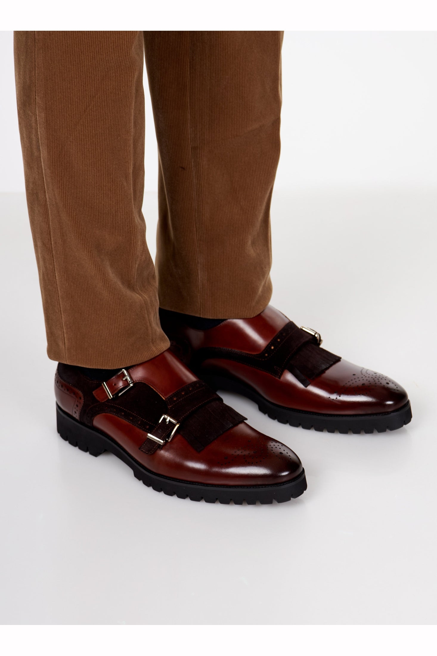 BROWN LEATHER & SUEDE DOUBLE MONK SHOES