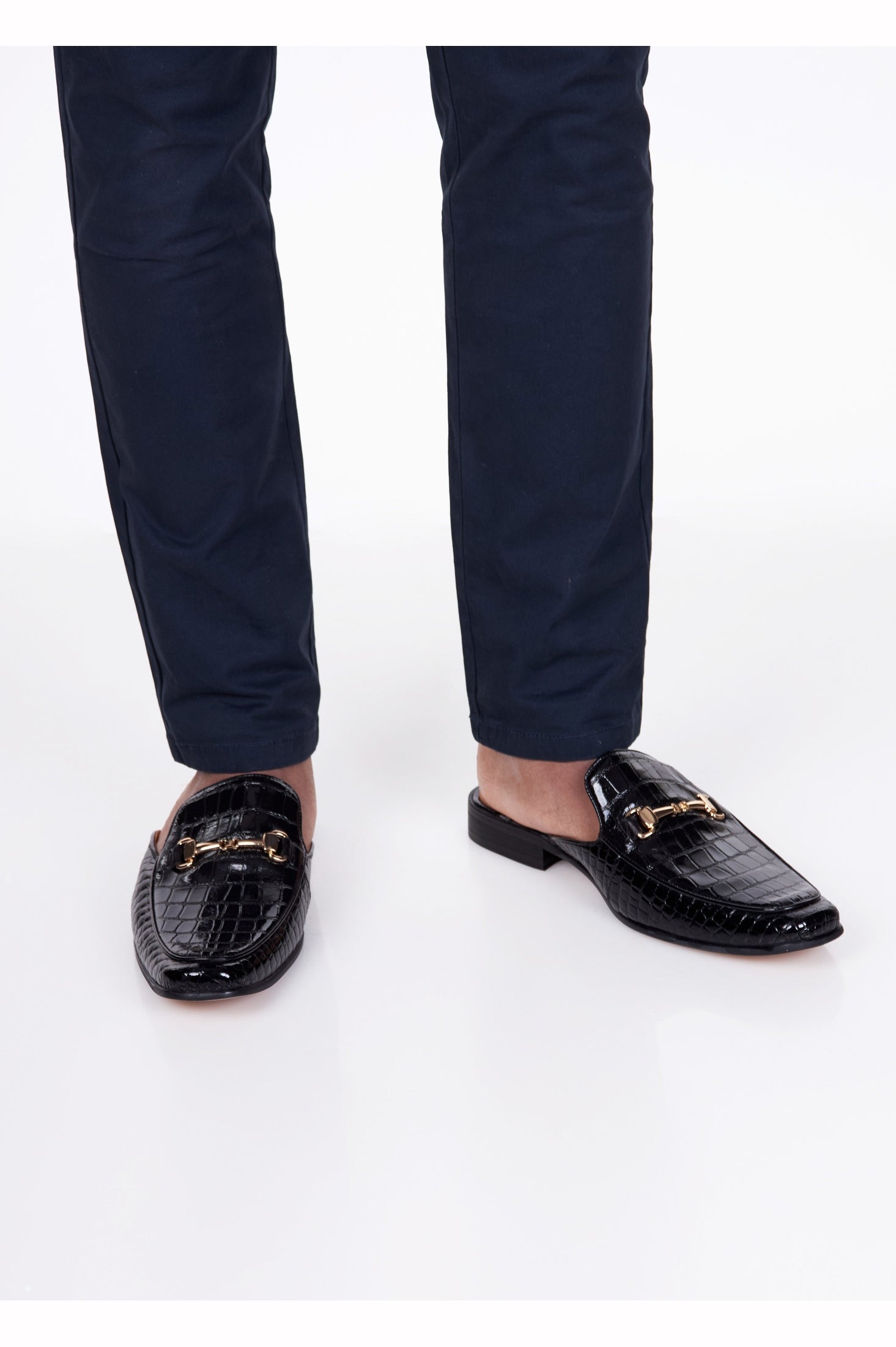 REAL LEATHER SHINY PRINTED HALF SHOES IN BLACK