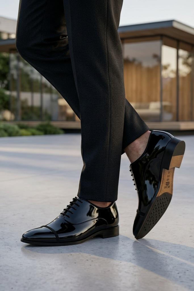 MIRO 2 Men’s Black Hi-Shine Patent Leather Cap Toe Oxford Shoes Sartorial Shoes