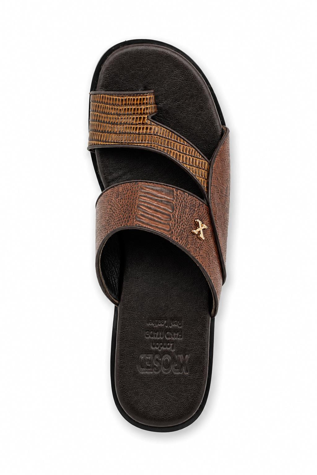 Men's Brown Handmade Real Leather Polished Printed Toe Loop Sandals Sartorial Shoes