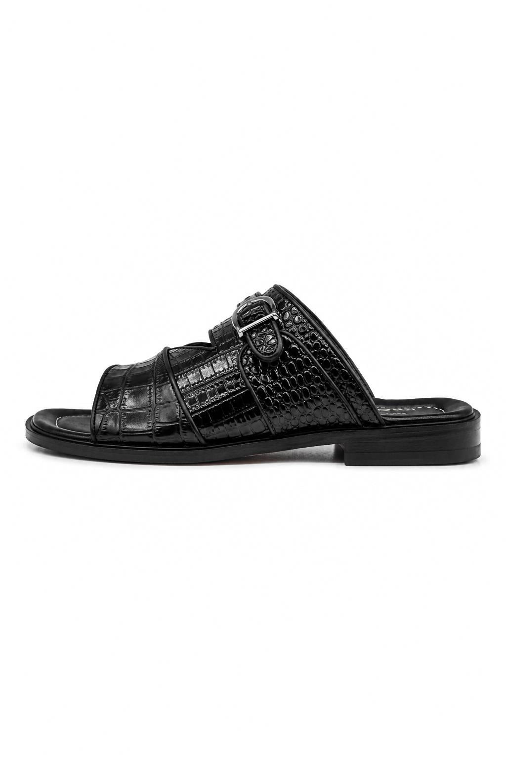 Men’s Ade 2 Black Handmade Real Leather Embossed Sandals Sartorial Shoes