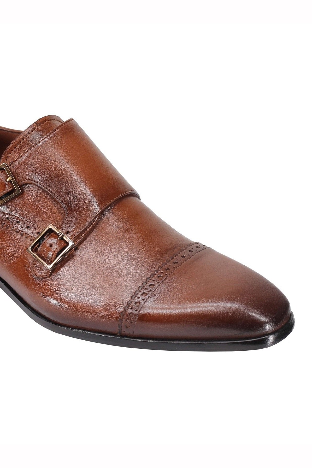 BROWN CALF LEATHER SEMI BROGUE MONK SHOES